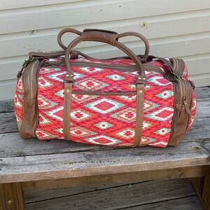 Myra Bag Southwestern Kilim Canvas Leather Weekender Duffel Bag Red Turquoise